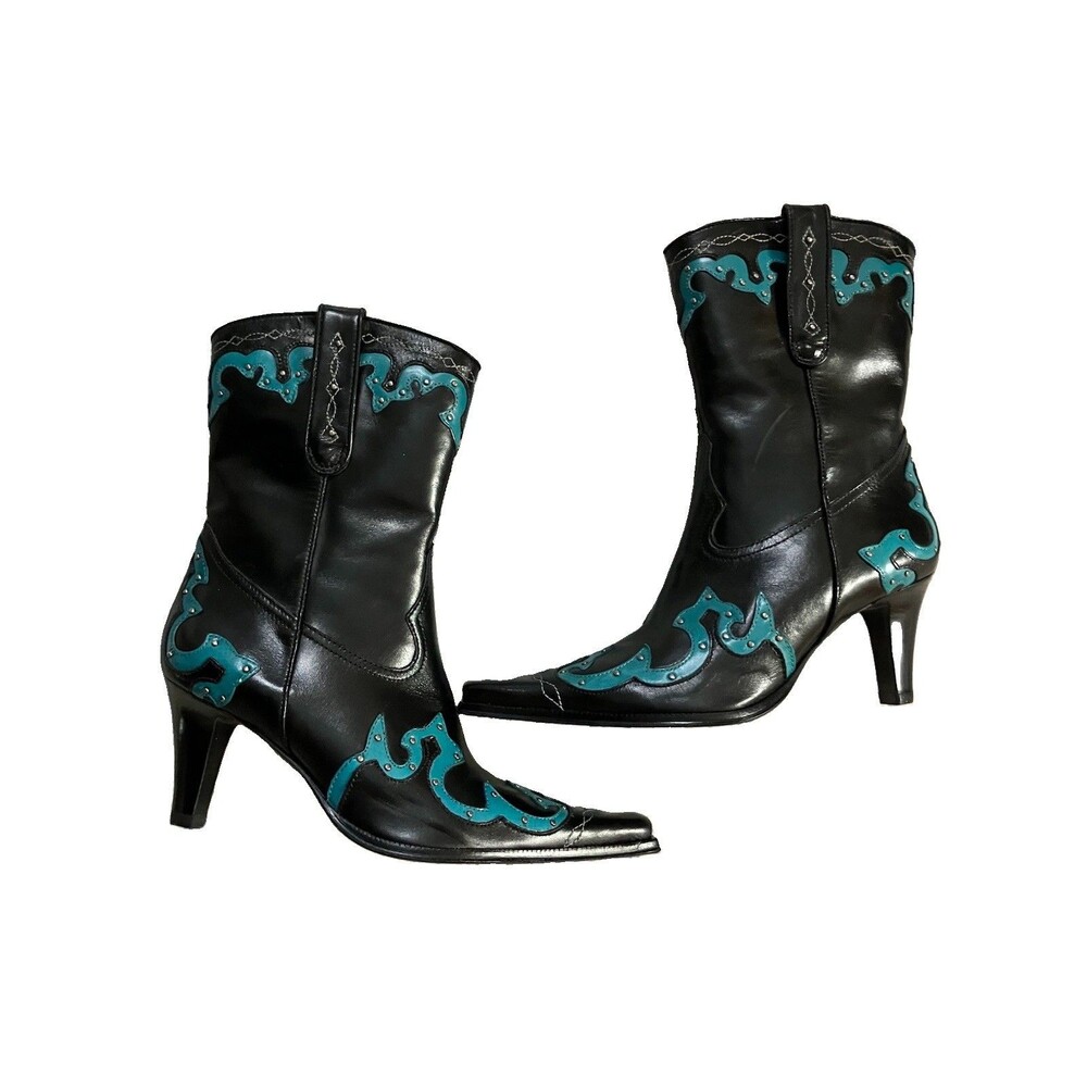 Antonio Melani Studded Western Boots Black Aqua Leather Heel Boots Cowgirl 6.5